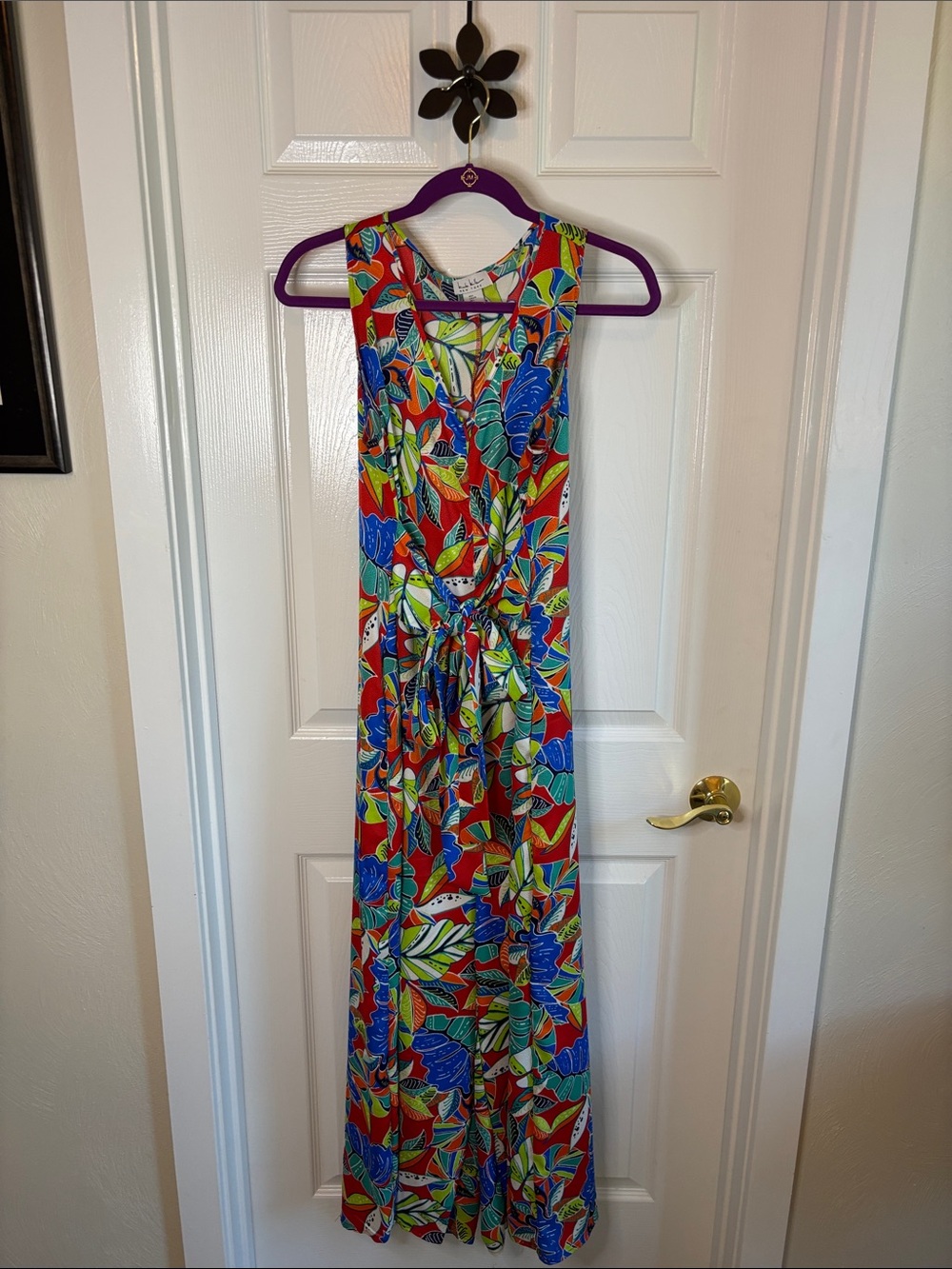 Nicole Miller Bright Tropical Print Maxi Romper Sleeveless V-Neck Front Zip Larg